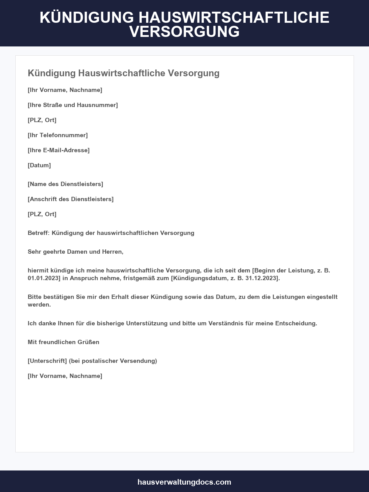 Kündigung Hauswirtschaftliche Versorgung Muster