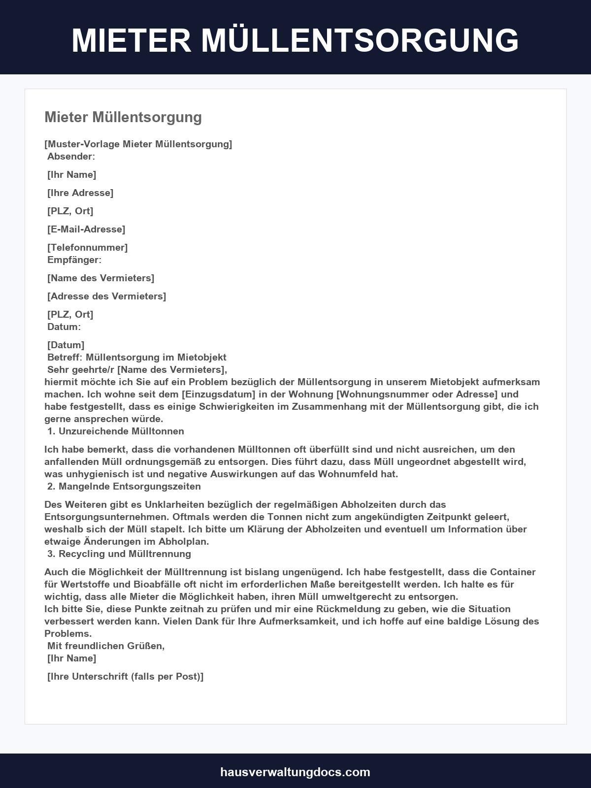 Musterbrief Mieter Müllentsorgung