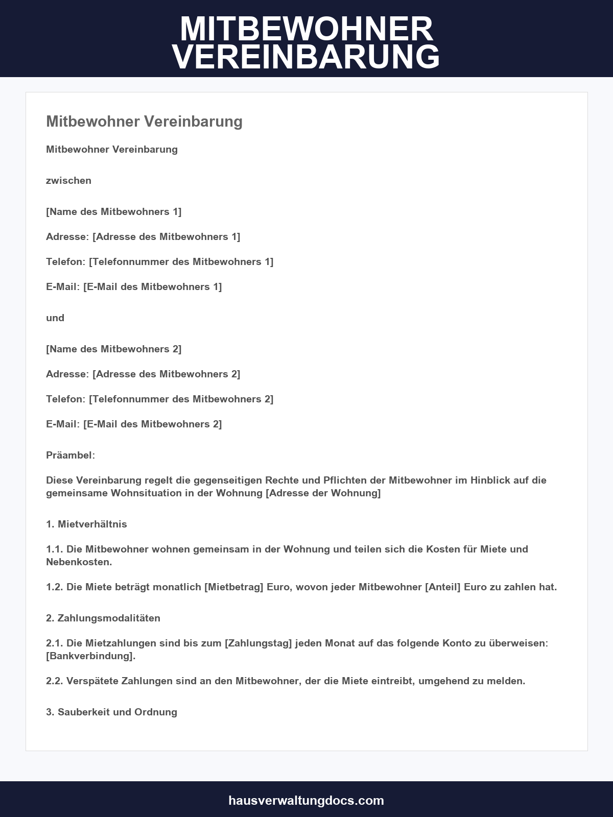 Mitbewohner Vereinbarung Vorlage