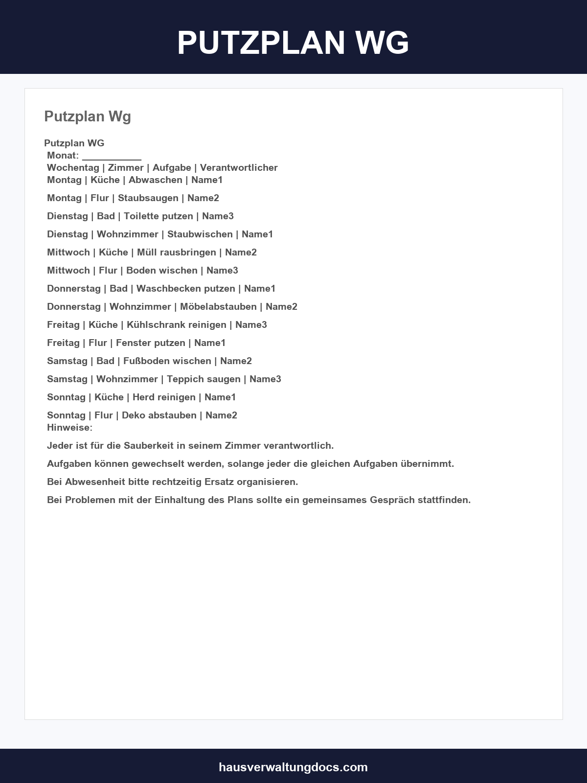 Putzplan Wg Vorlage