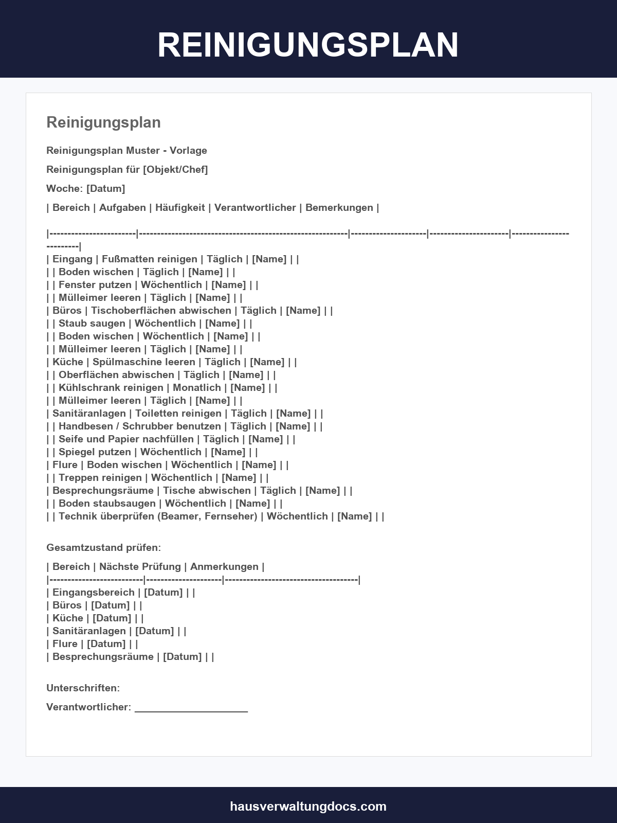 Reinigungsplan Vorlage
