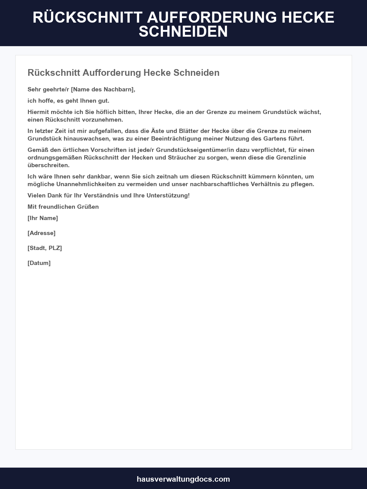 Rückschnitt Musterbrief Aufforderung Hecke Schneiden