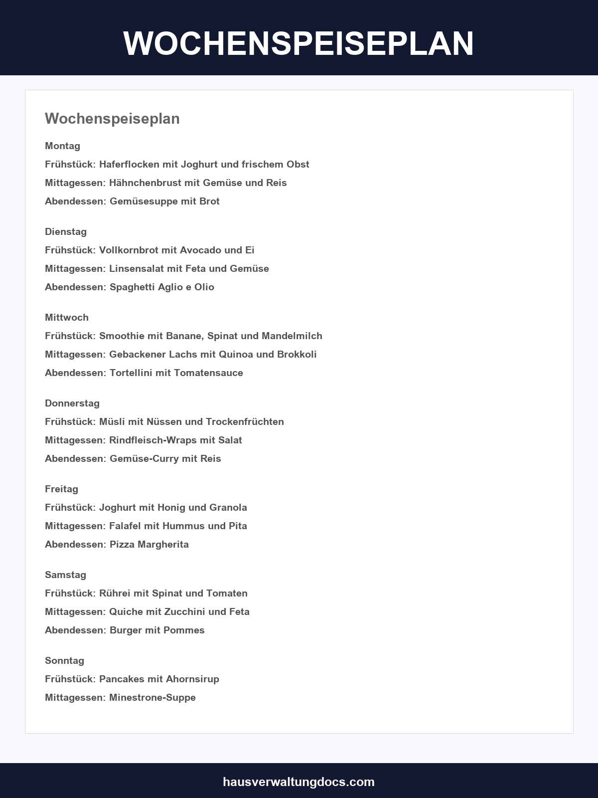 Wochenspeiseplan Vorlage